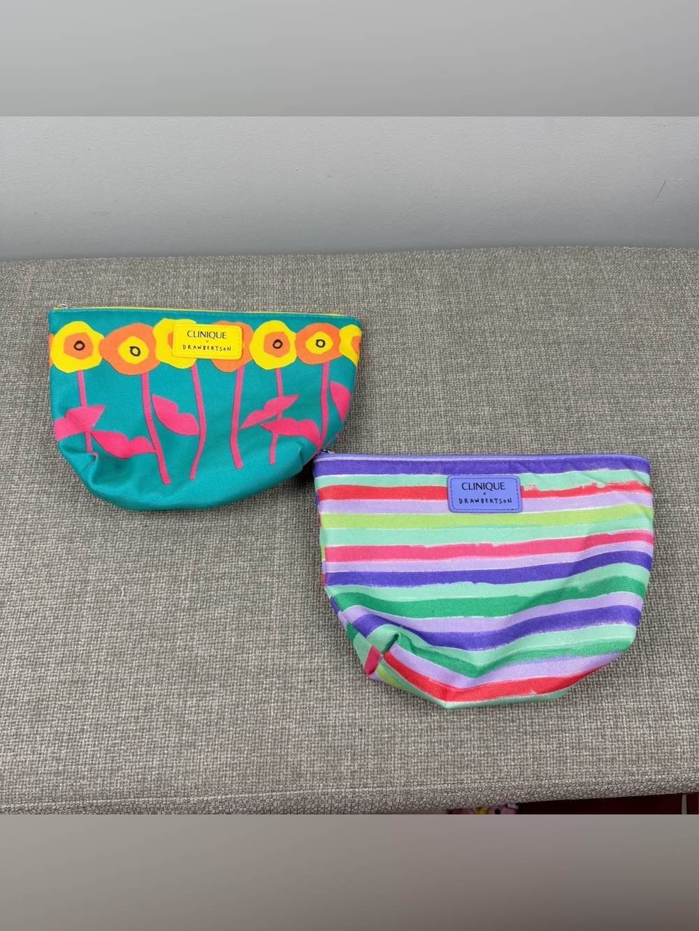 2pk Clinique + Drawbertson Cosmetic Makeup Bag Travel Pouch Organizer Stripes